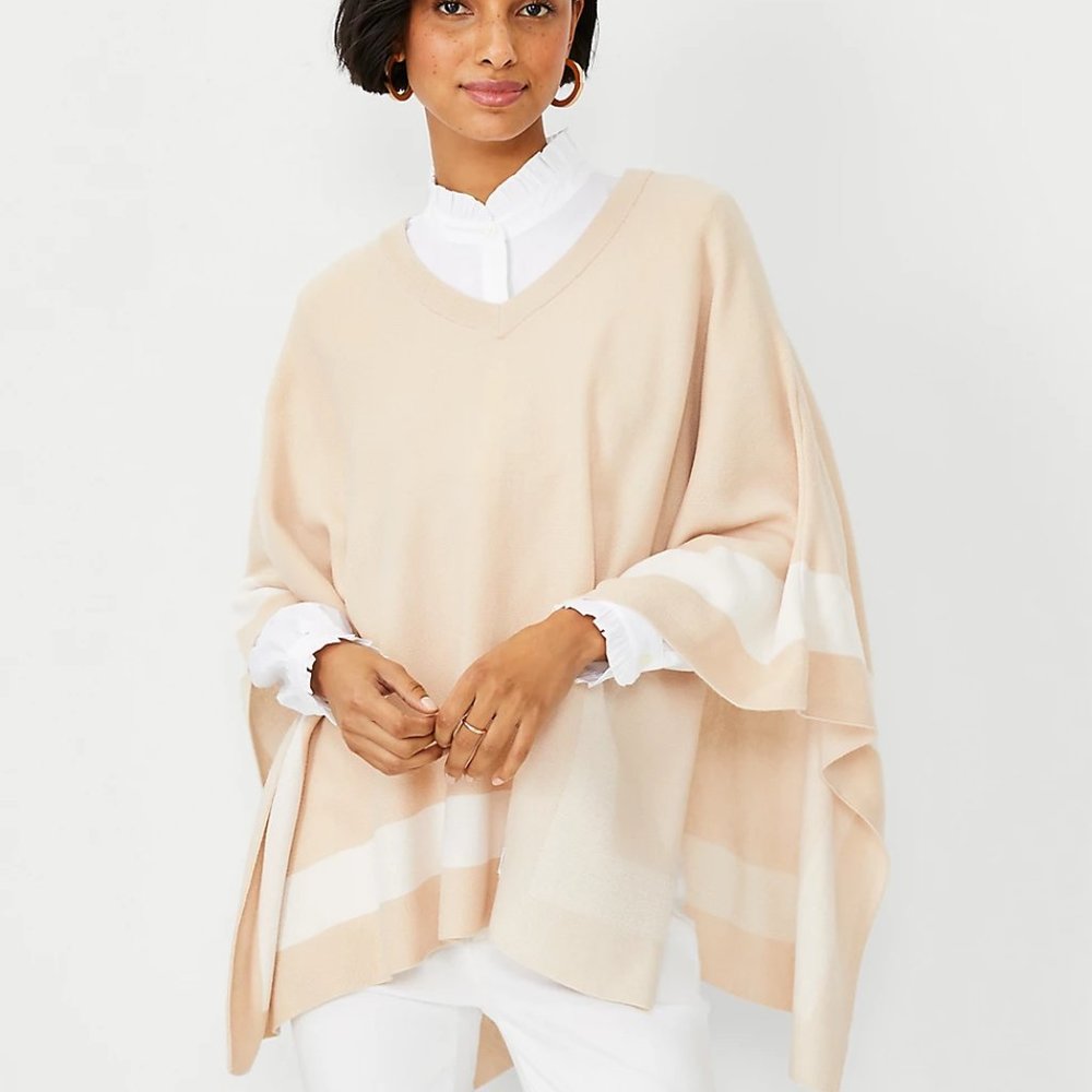 Ann Taylor V Neck Beige with Cream Stripe Poncho NWT